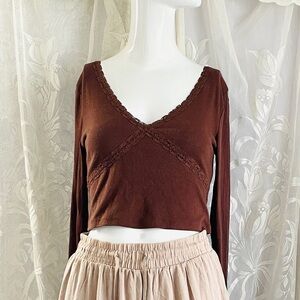 Aeropostale Chocolate Brown Clean Girl Vibe Criss Cross Lace V-Neck Crop Top